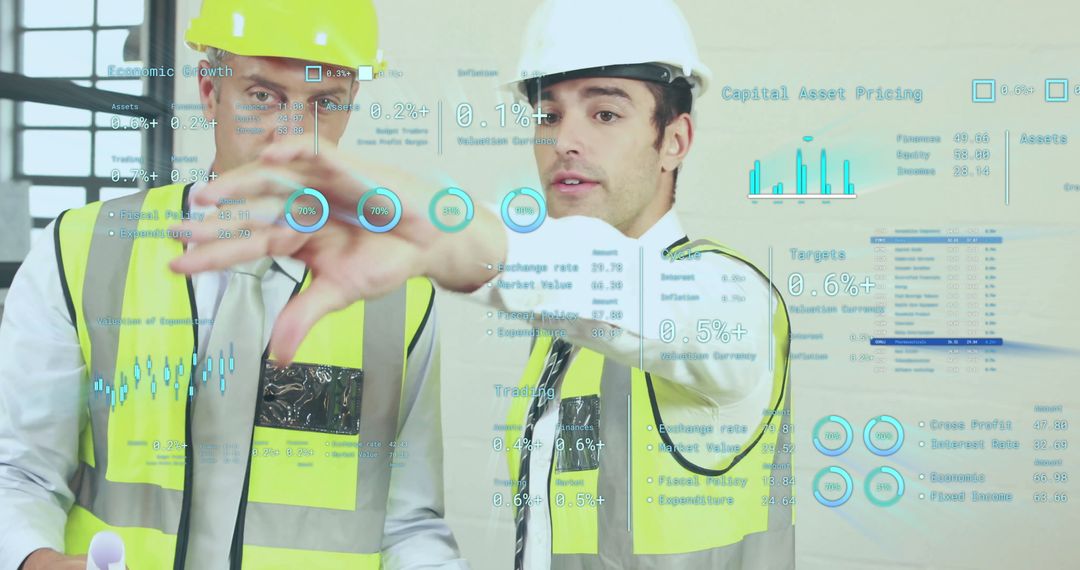 Male Architects Analyzing Virtual Financial Data in Modern Office