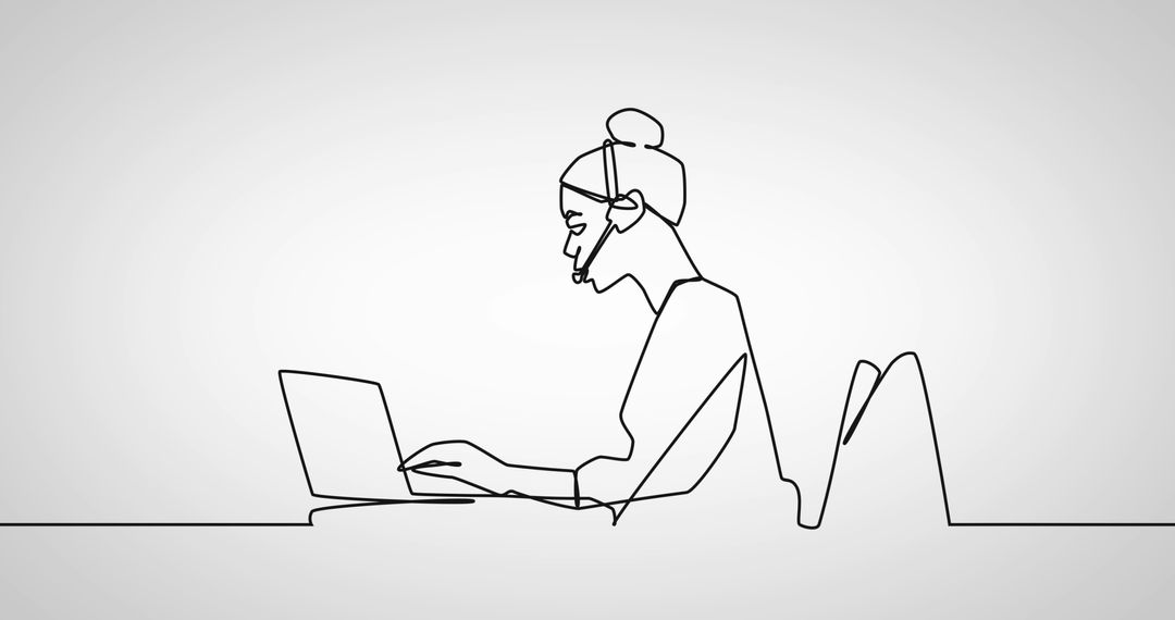 Continuous Line Art of Businesswoman with Headset Using Laptop
