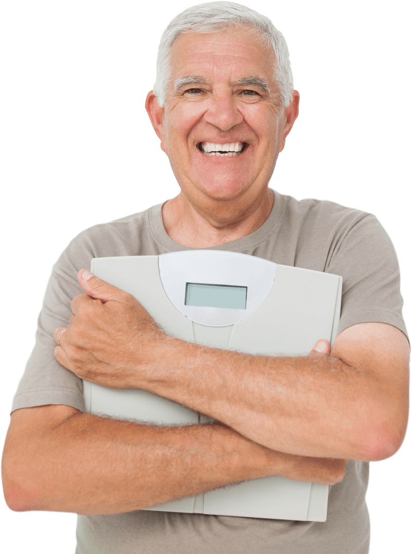 Happy Senior Man Holding Digital Weight Scales on Transparent Background