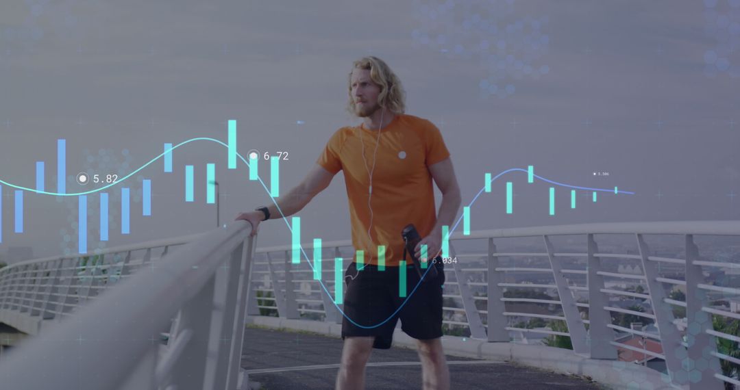Caucasian Man Running on City Bridge with Overlaid Financial Data