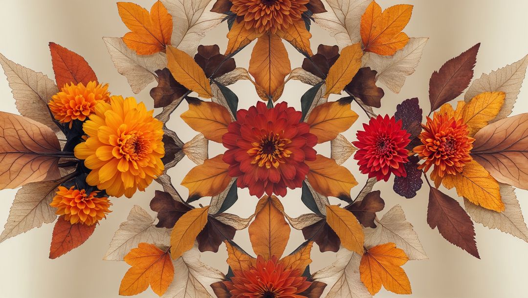 Symmetrical Floral Mandala with Autumn Blooms and Leaves