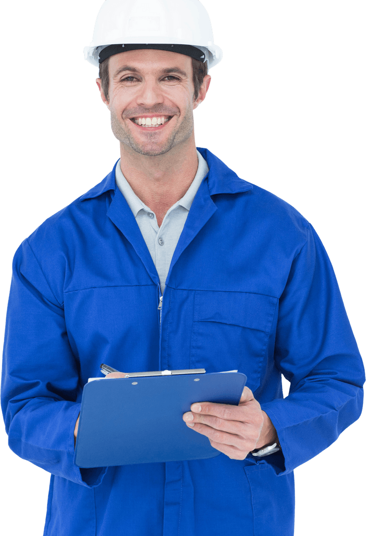 Transparent Smiling Engineer in Blue Overall Writing Notes on Clipboard
