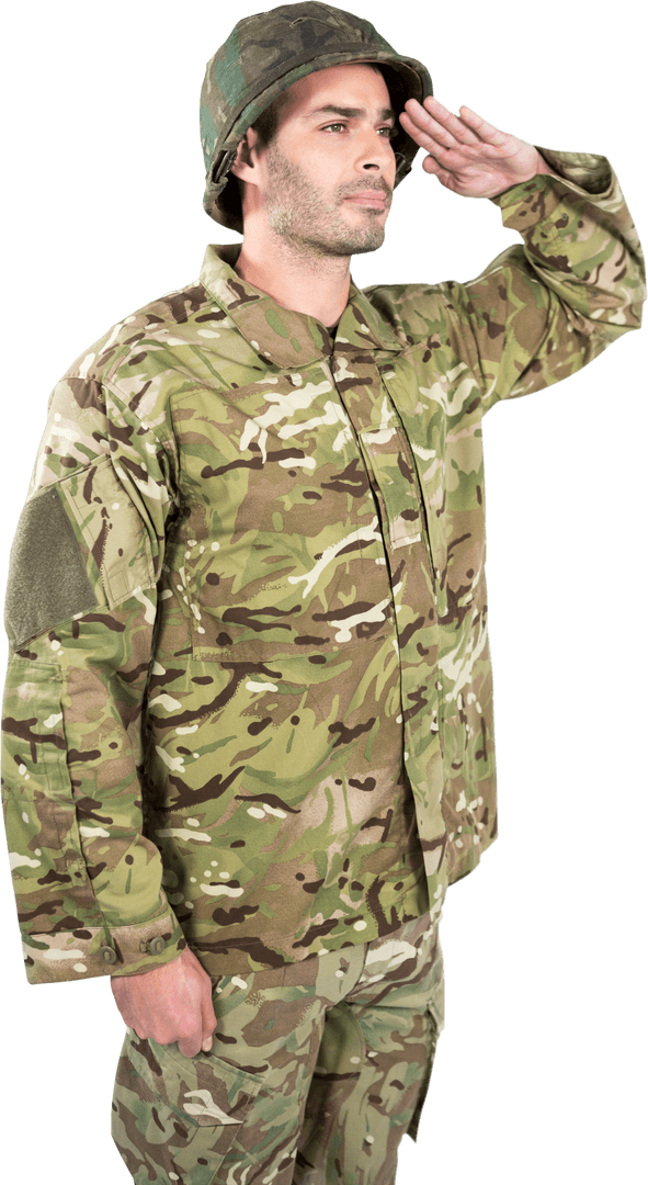 Transparent Soldier Saluting with Confidence in Camouflage Uniform