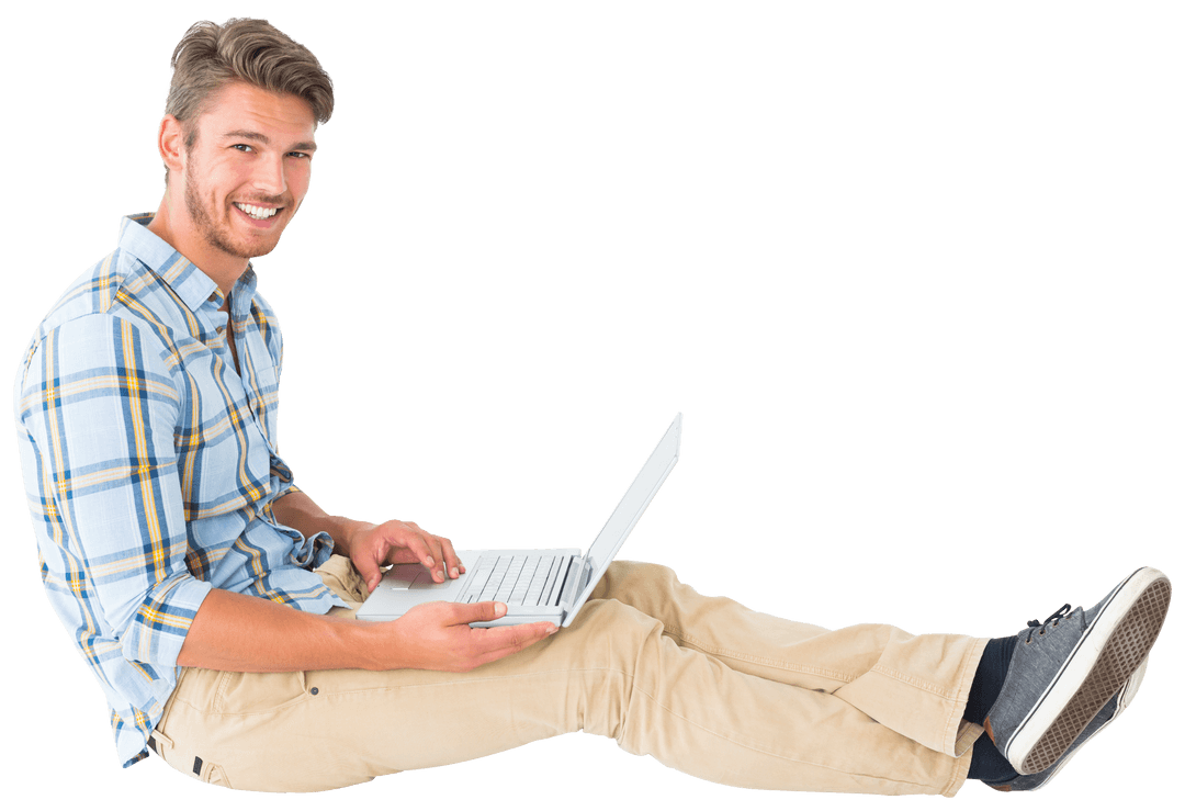 Smiling Caucasian Man Using Laptop on Transparent Background