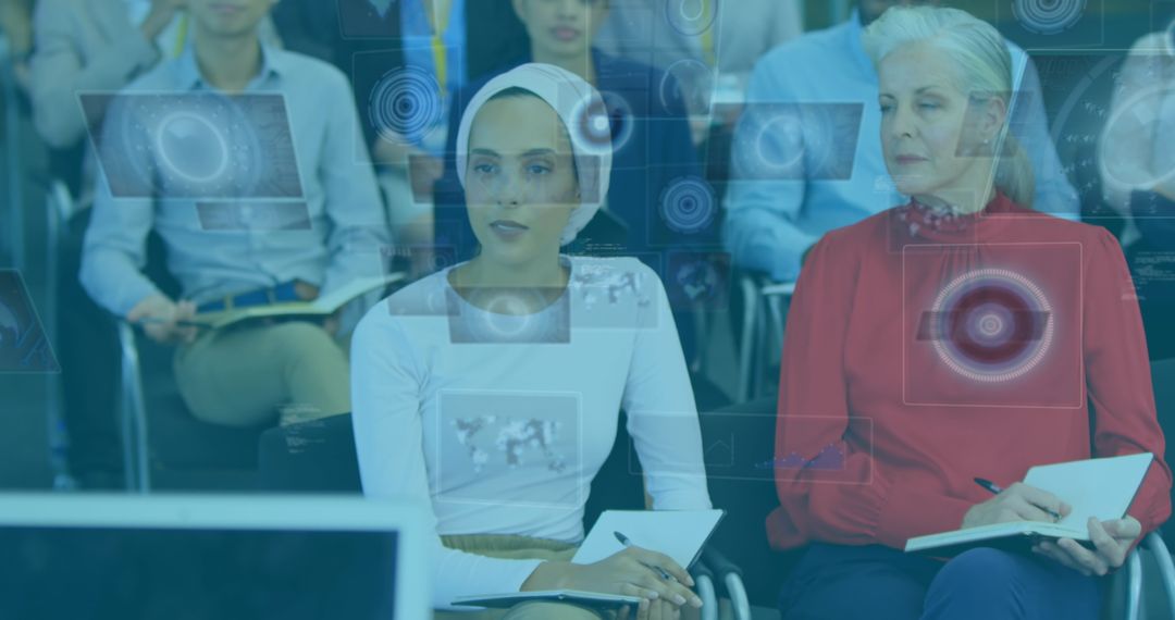 Diverse Professionals in Seminar with Futuristic Digital Interface