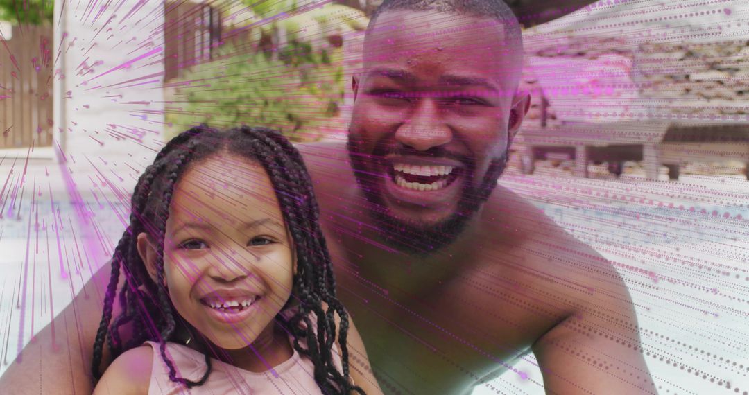 Smiling father and daughter leaning on pool edge, relaxing and playing in backyard