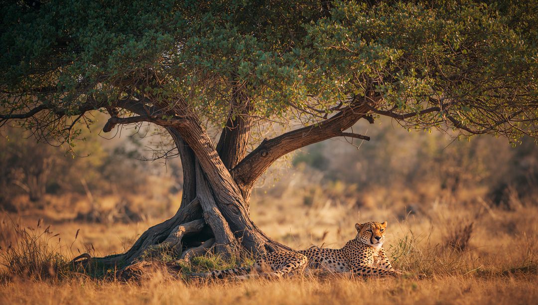 Cheetah Resting Under Tree in Golden Savanna Landscape