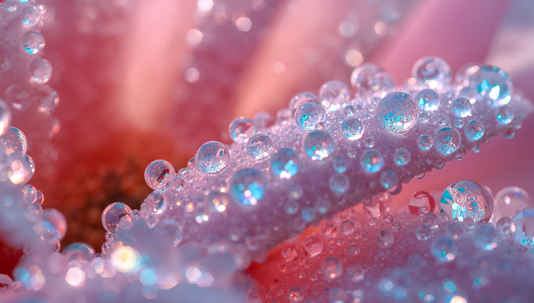 Glistening Dew on Pastel Flower Petal Macro with Sparkling Water Droplets and Pollen Bokeh