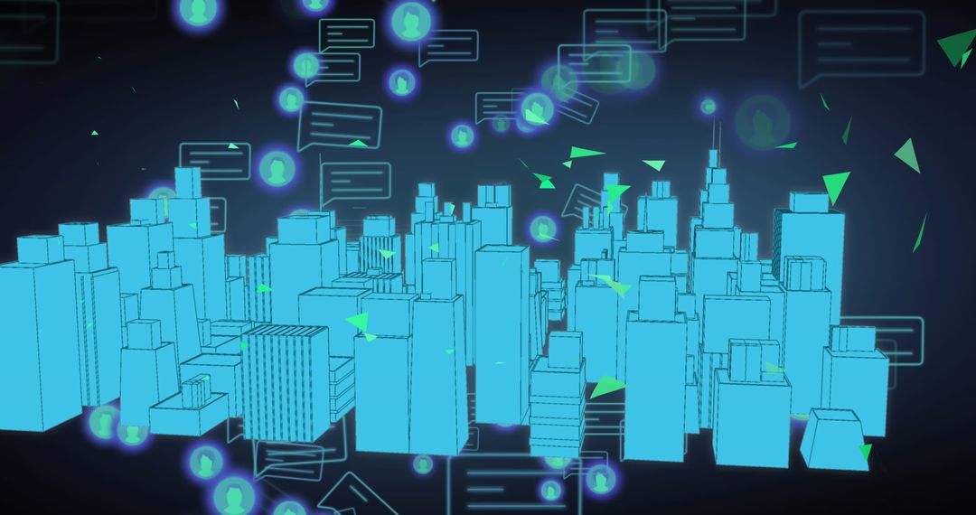 Futuristic Digital City with Social Media Icons and Communication