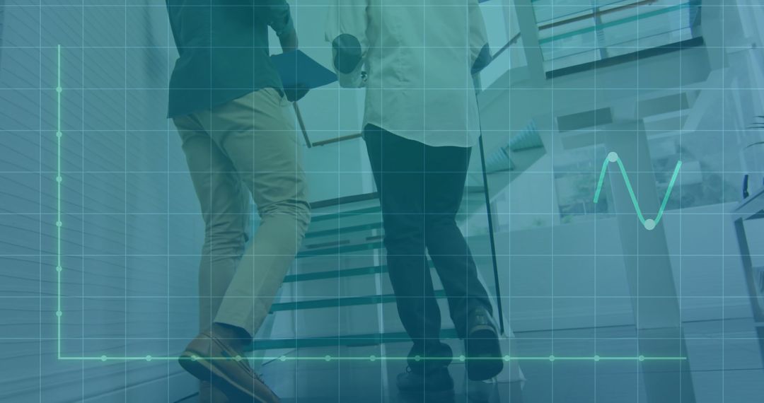 Business Professionals Walking Up Office Stairs with Data Graph Overlay