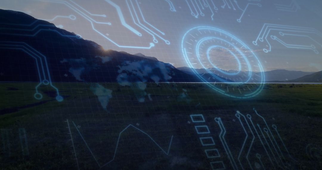 Majestic Mountain with Futuristic Circuit Overlay