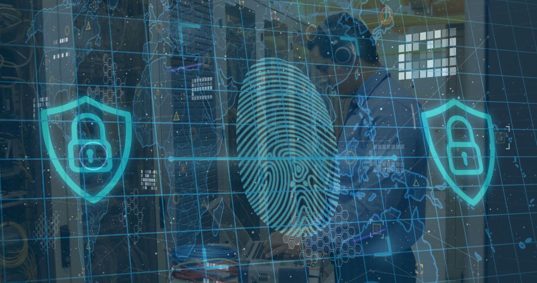 Holographic Fingerprint Over Data Center Illustrating Cybersecurity