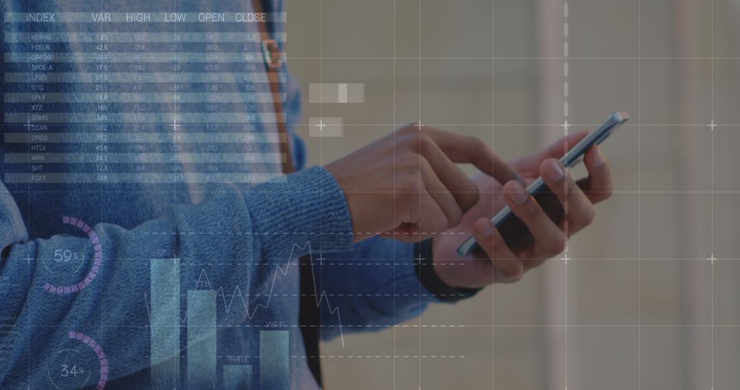 Young Man Using Smartphone with Digital Analytics Overlay