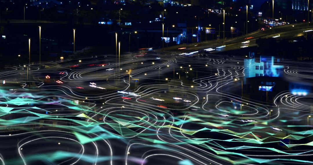 Digital Network Overlay on Night City Traffic