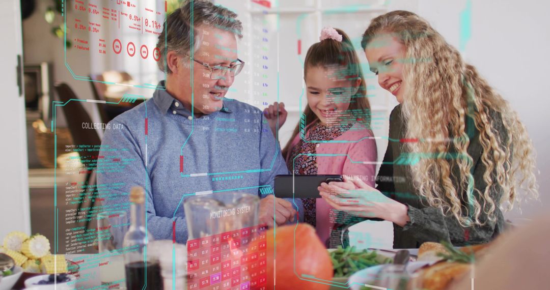 Multigenerational family sharing tablet in kitchen with augmented reality cooking overlays