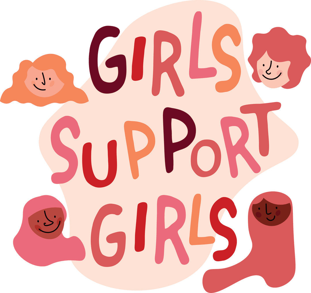 Girls Support Girls Digital Typography with Smiling Faces, Transparent Background
