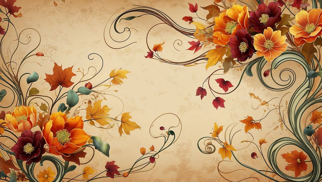 Ornate Botanical Border with Vibrant Flowers and Leaves on Parchment