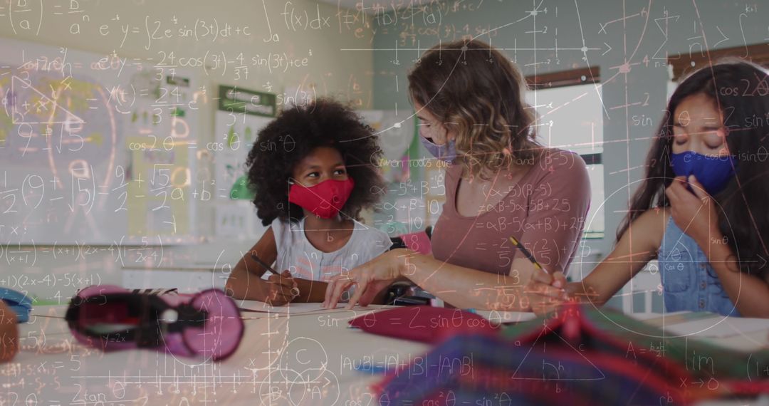 Teacher and Children Wearing Masks Learning Mathematics in Classroom