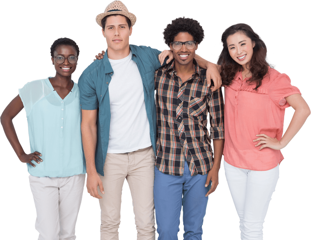 Diverse Young Adults Smiling in Casual Summer Outfits Transparent