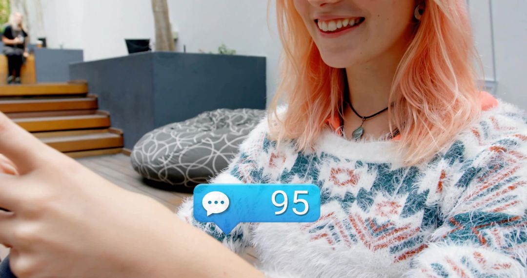 Cheerful Woman Relaxing with Smartphone on Patio, Chat Message Icon Overlay