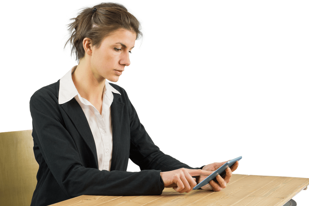 Businesswoman Using Tablet at Desk on Transparent Background