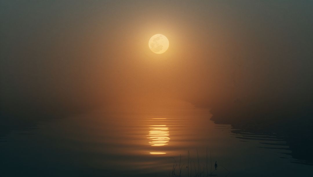 Serene Full Moon Reflections on Foggy Lake at Night