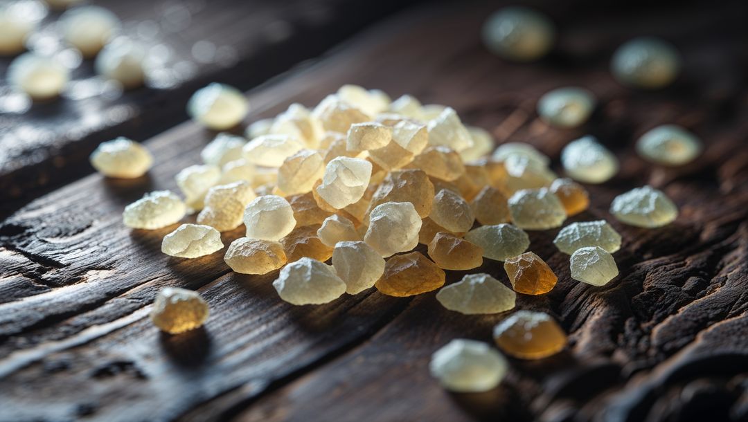 Pale yellow frankincense granules on rustic wooden surface
