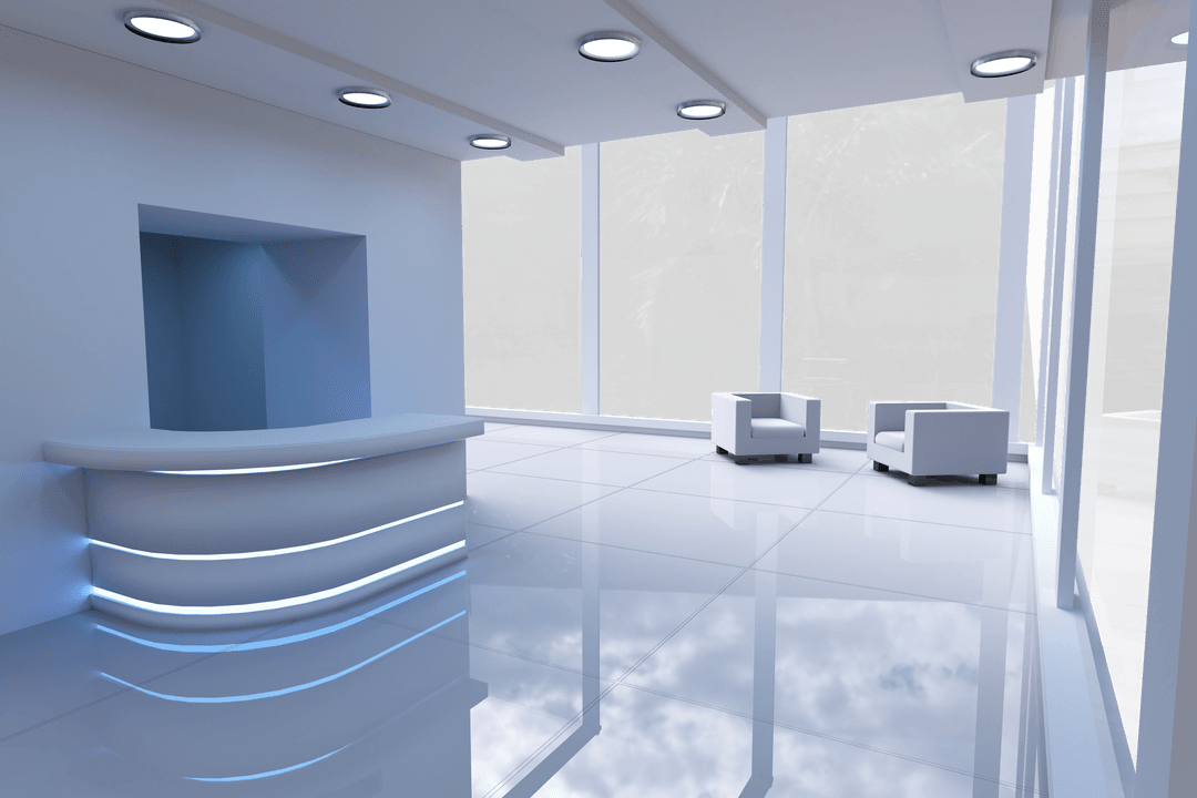 Modern Transparent Lobby with Sleek Decor and Four Chairs