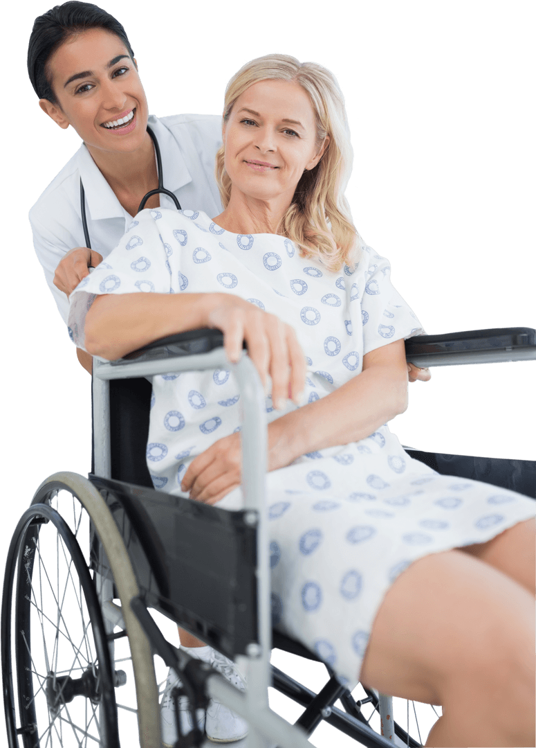 Caring Doctor Assisting Female Patient in Wheelchair on Transparent Background