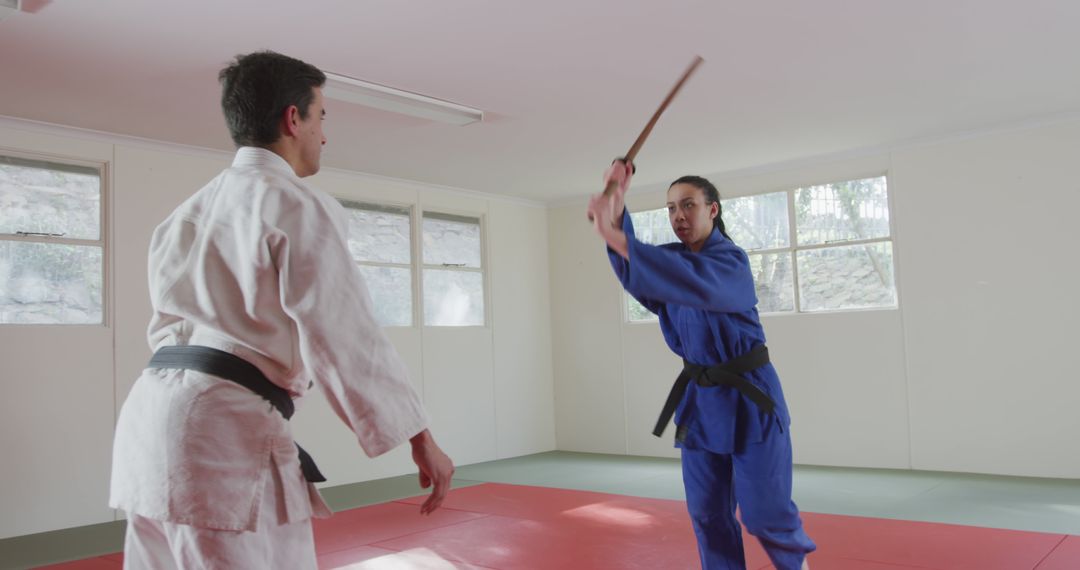 Martial Artists Practicing with Wooden Swords in Training Dojo