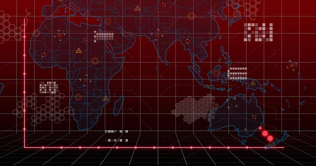Futuristic cyber dashboard displaying global digital map with magenta nodes and gridlines