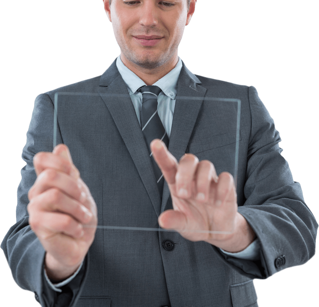 Businessman Using Transparent Futuristic Digital Tablet