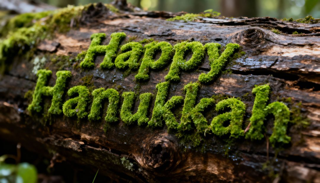 Moss Letters Spelling Happy Hanukkah on Log — Forest Holiday Typography