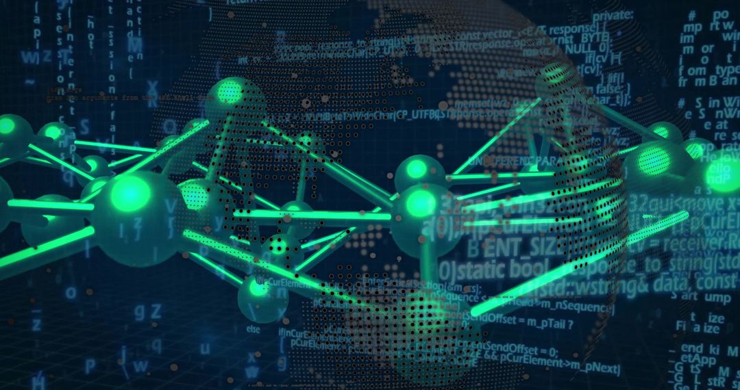 Futuristic 3D Network with Glowing Spheres and Digital Code