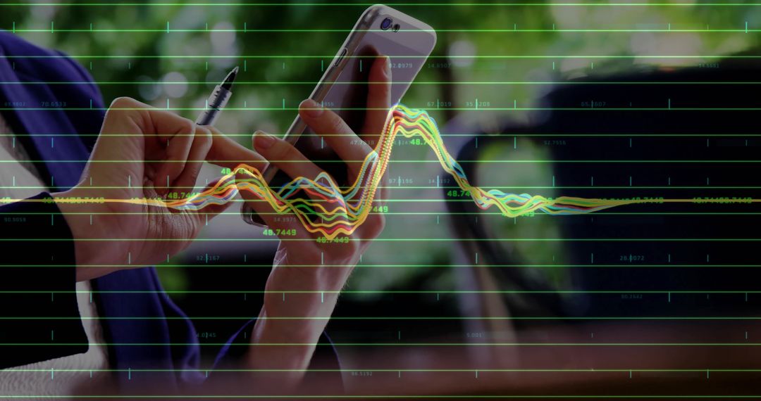 Professional Woman Analyzing Data with Smartphone and Graph Overlay