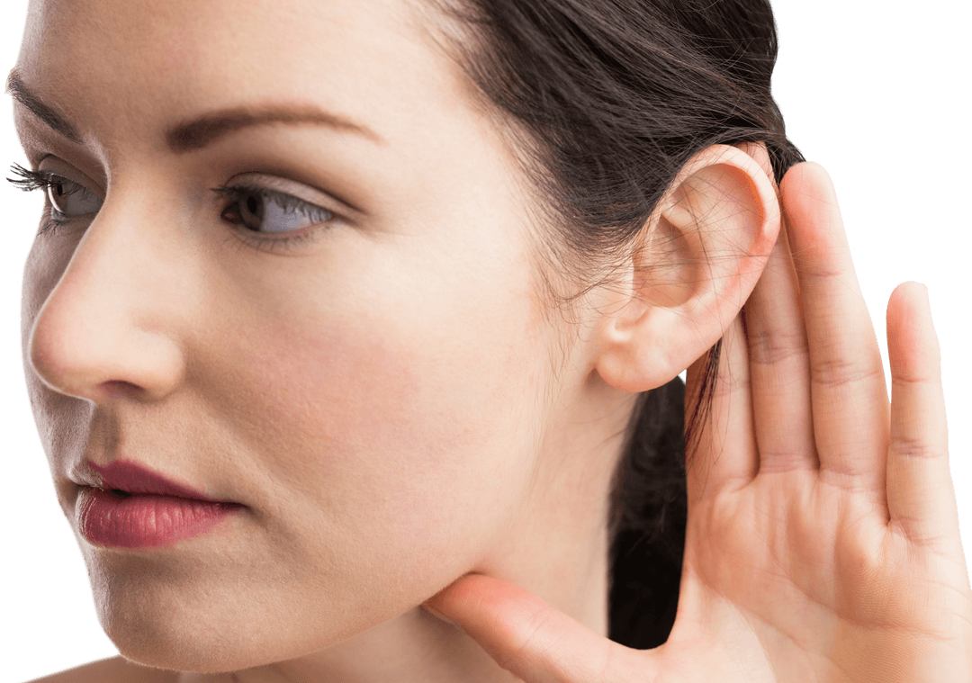 Woman Hand to Ear Gesture Showing Listening Focus Transparent