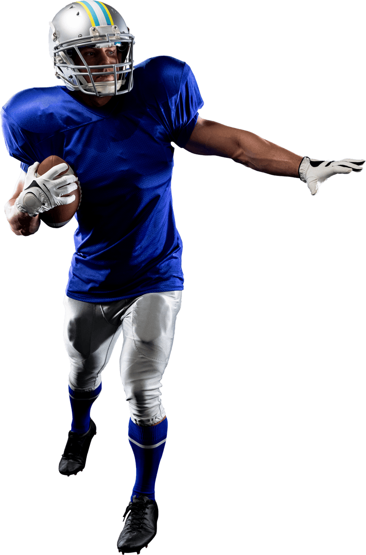 Caucasian Football Player Holding Ball with Arm Outstretched Transparent Background