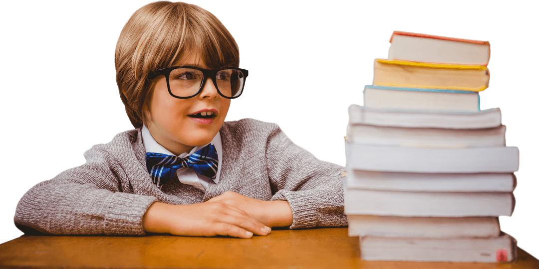 Cheerful Young Schoolboy with Pile of Books on Transparent Surface