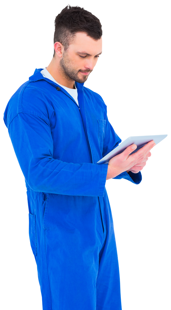 Transparent Mechanic Wearing Blue Overalls Using Digital Tablet - Download Free Stock Images Pikwizard.com