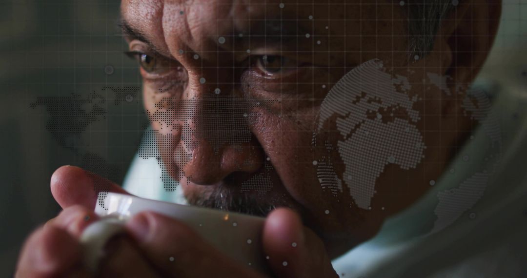 Senior Man Sipping Coffee with Digital World Map Overlay, Moody Close-Up Portrait