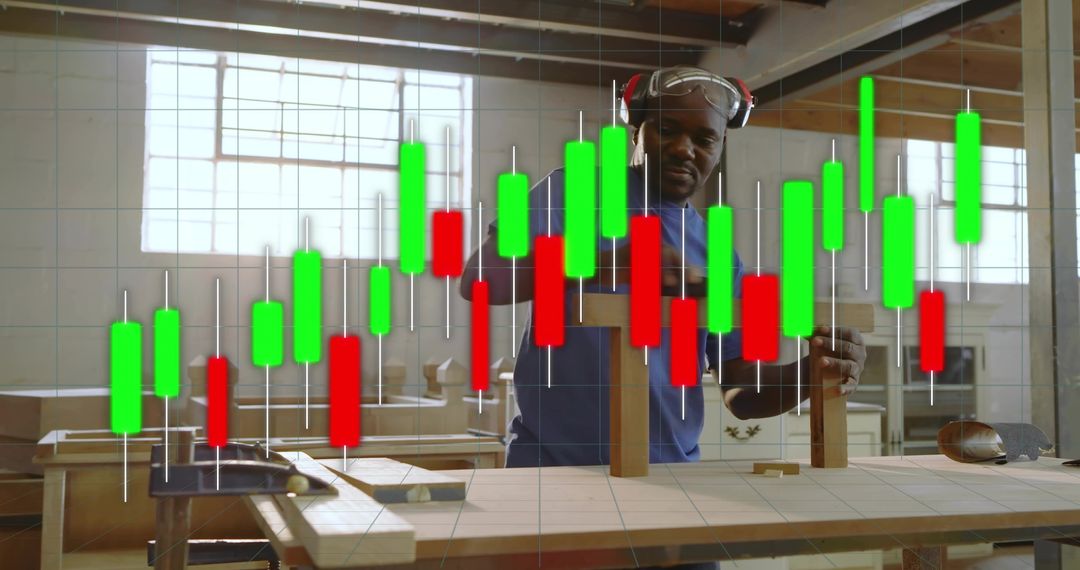 Carpenter Measuring Wood with Square in Workshop with Candlestick Chart Overlay