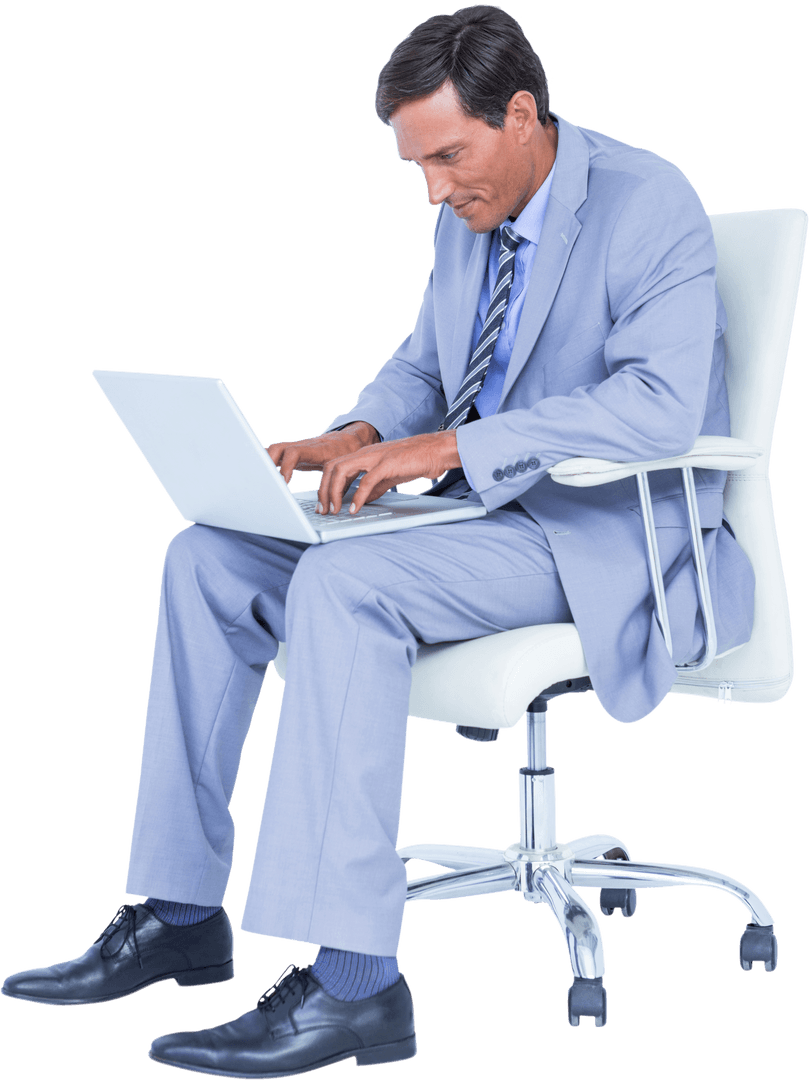 Transparent Businessman Typing on Laptop While Sitting on Chair
