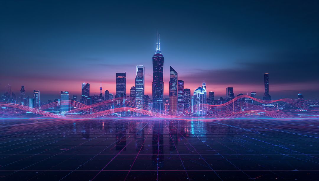 Cyberpunk skyline glowing with neon data ribbons and reflective grid at twilight