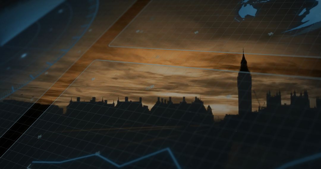 Digital Data Overlay Above London Skyline at Sunset