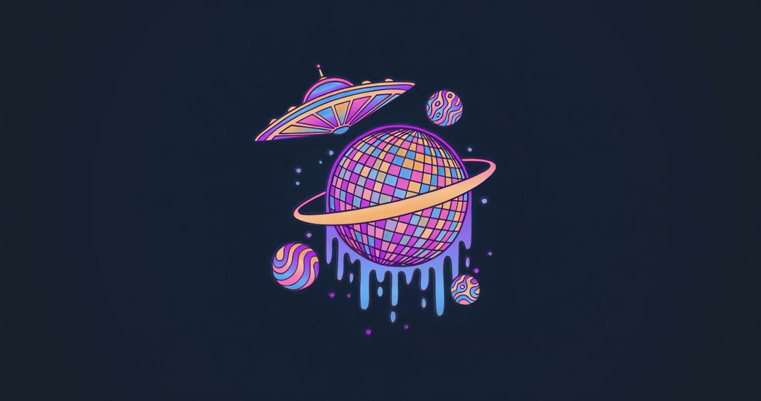 Futuristic Cosmic Disco Ball Planet with Neon Saucer