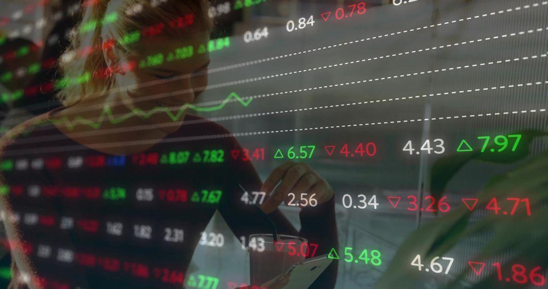 Woman Monitoring Stocks via Smartphone and Digital Display Overlay