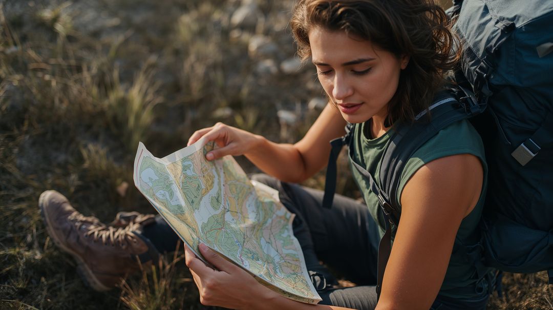 Solo hiker consulting topographic map on grassy slope with backpack during golden hour