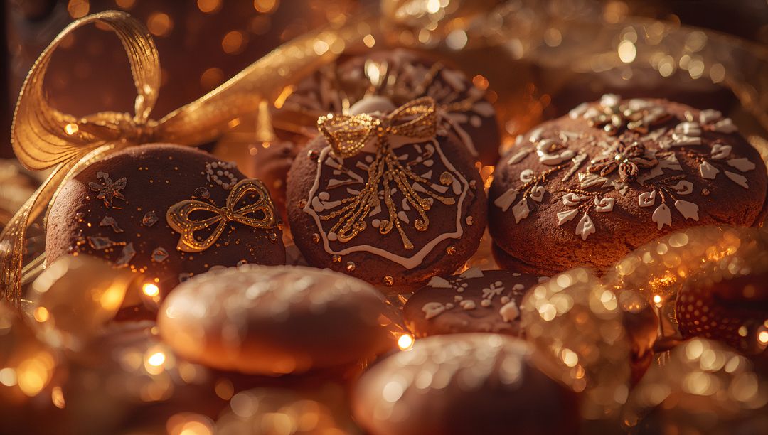 Gingerbread Cookies Adorned with Icing and Bows Amidst Golden Lights