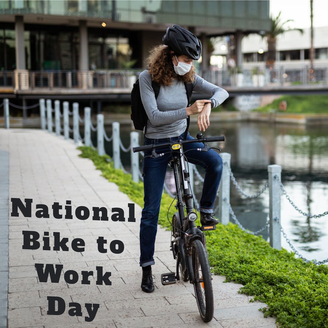 Woman Commuting on Bicycle with Protective Mask in Urban Area