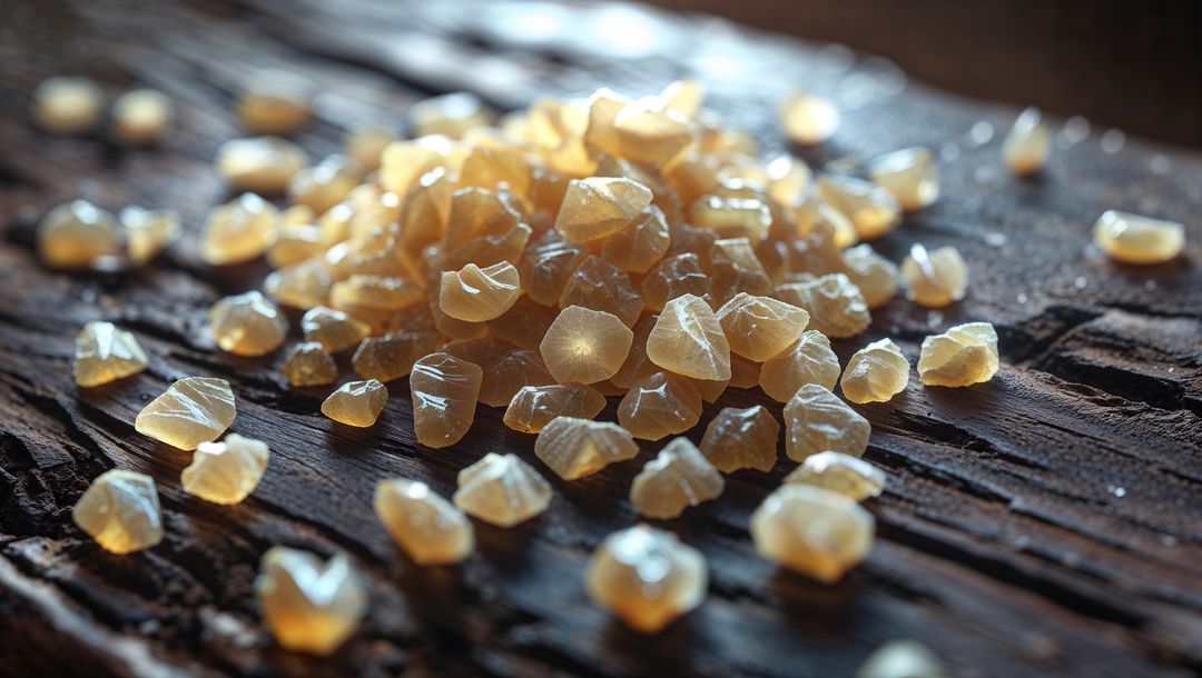 Translucent frankincense crystals on rustic wooden surface